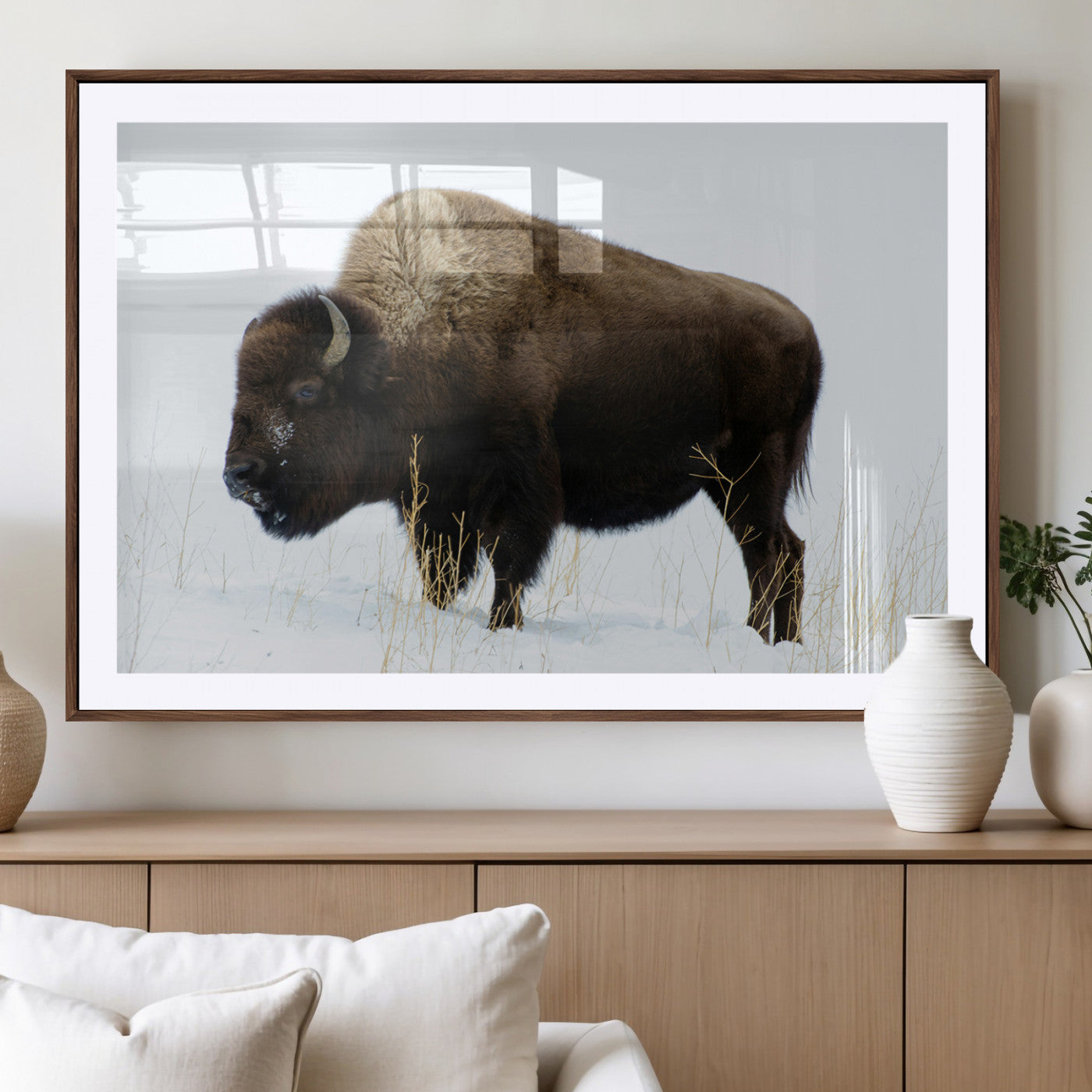 76778120-MGV-CV-36X24-Bison Wall Art Canvas Print – Framed Western Wildlife Buffalo Snow Rustic Nature Scene Artwork for Home Office