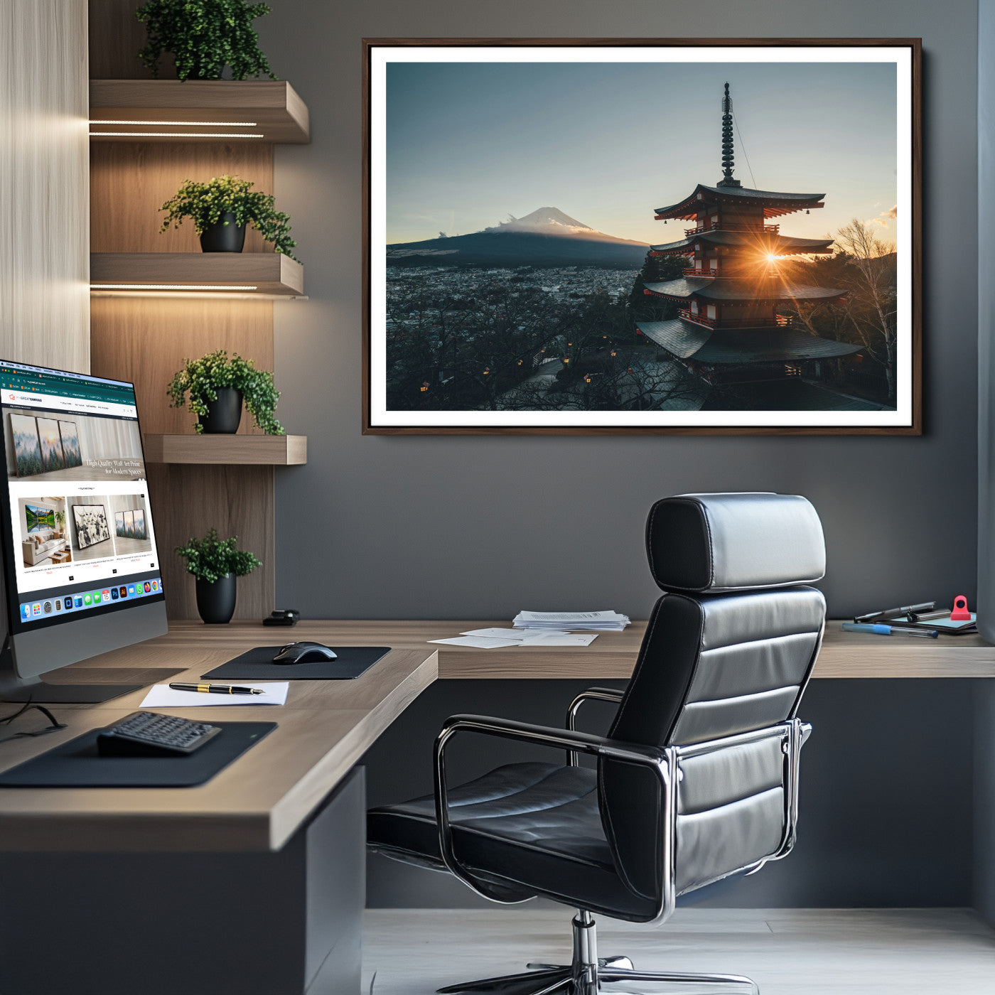 -Mount Fuji Wall Art Canvas Print Framed Japan Travel Art Chureito Pagoda Print Zen Scene for Home, Office Decor