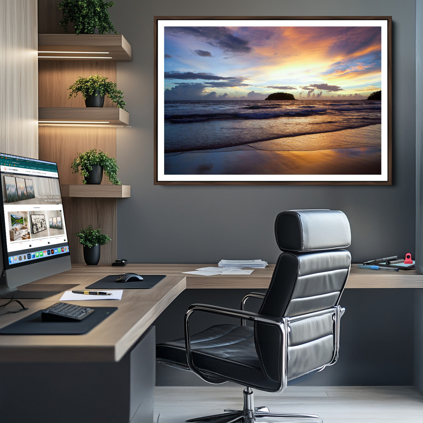 36714356-MGV-CV-36X24-Beach Sunset Wall Art Canvas Print – Tropical Ocean Waves Golden Sky Serene Seascape Nature Artwork for Home Office