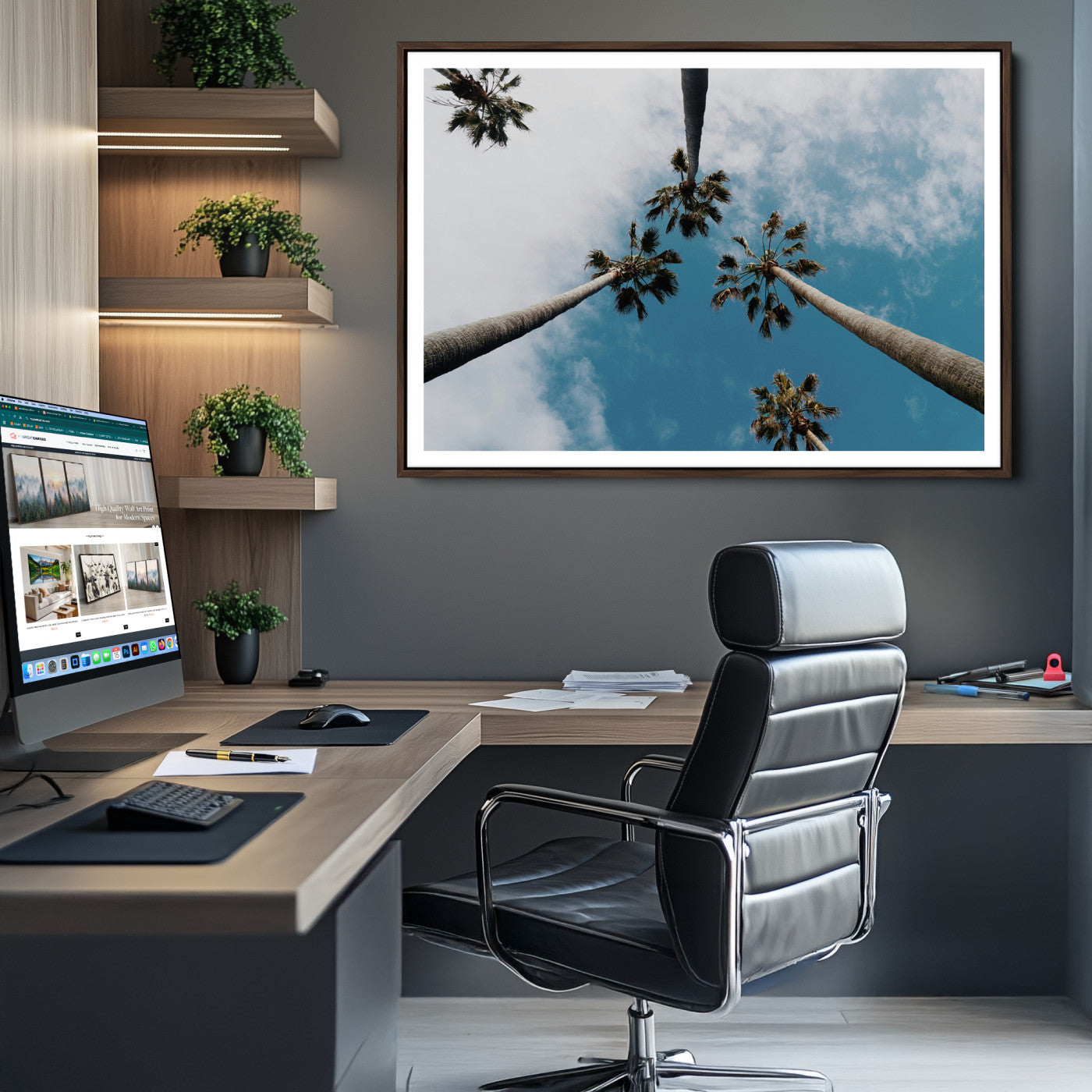 45236398-MGV-CV-36X24-Tropical Palm Trees Wall Art Canvas Print – Framed California Sky Minimalist Nature Scene Artwork for Home Office