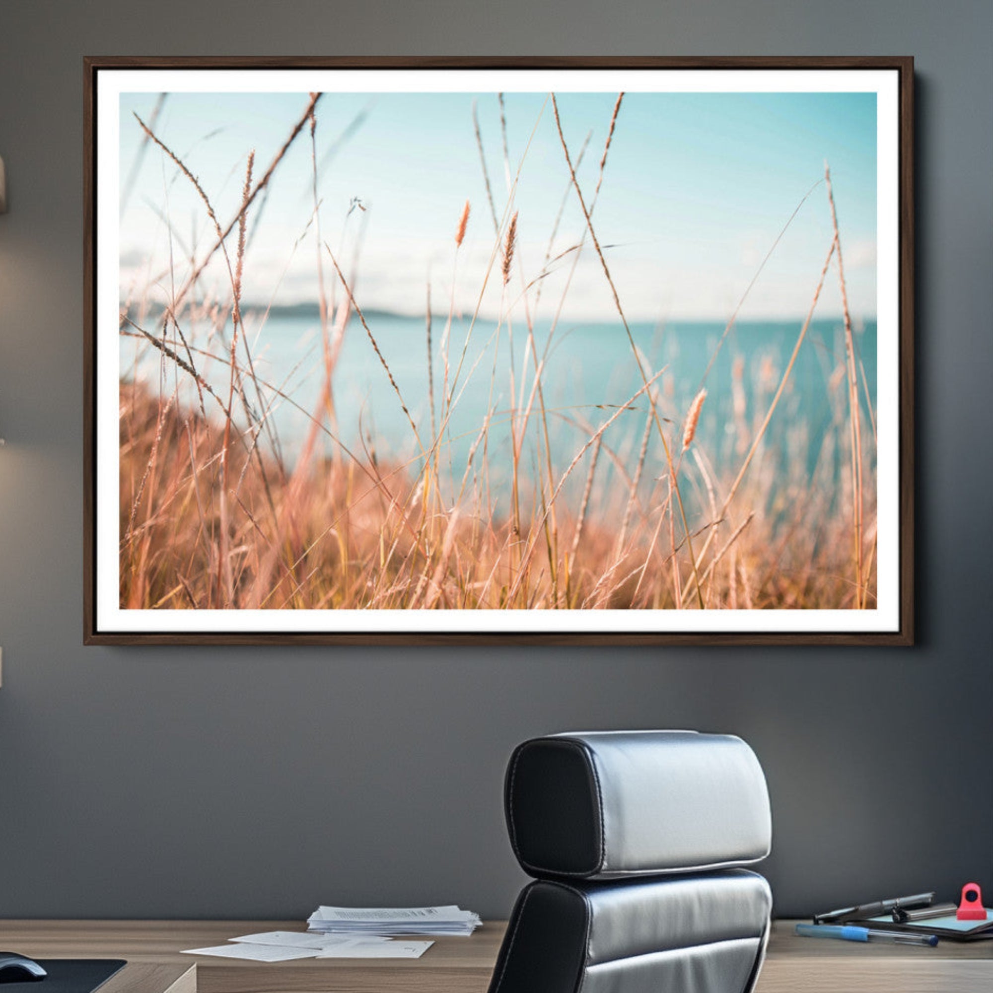 36108696-MGV-CV-36X24-Coastal Grass Landscape Wall Art Canvas Print – Golden Shoreline Nature Scene Serene Ocean View Artwork for Home Office