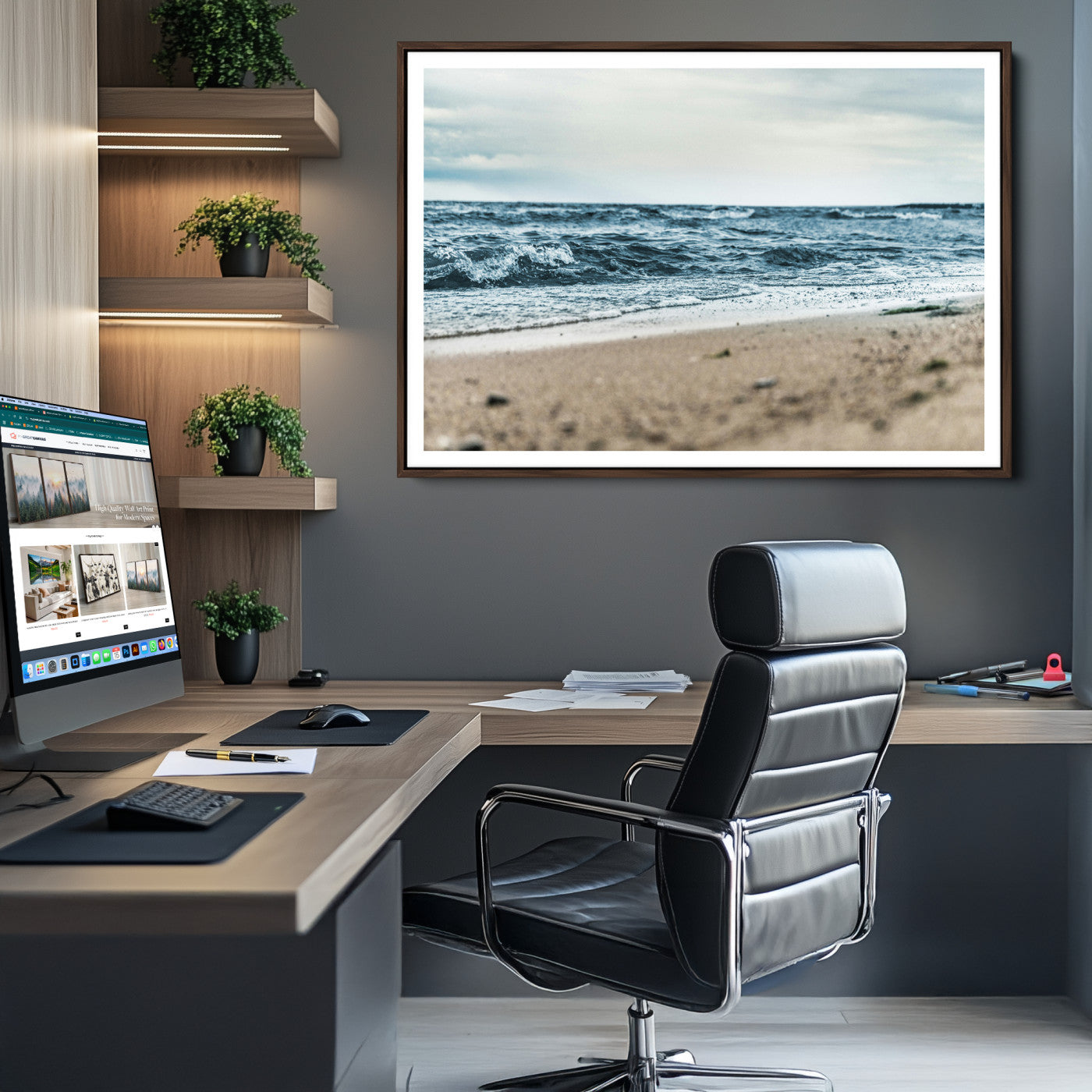 81812590-MGV-CV-36X24-Ocean Wall Art Canvas Print – Moody Coastal Seascape Scene Framed Beach Waves Nature Artwork for Home Office