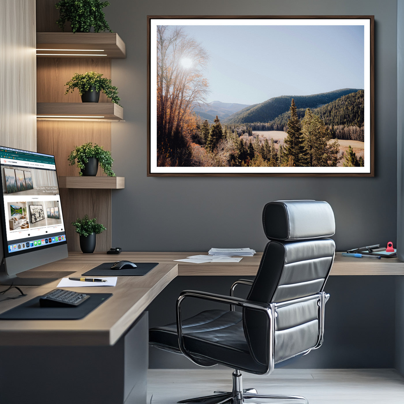 52941305-MGV-CV-36X24-Rustic Landscape Wall Art Canvas Print – Serene Valley Scene Pine Tree Horizon Nature Artwork for Home Office