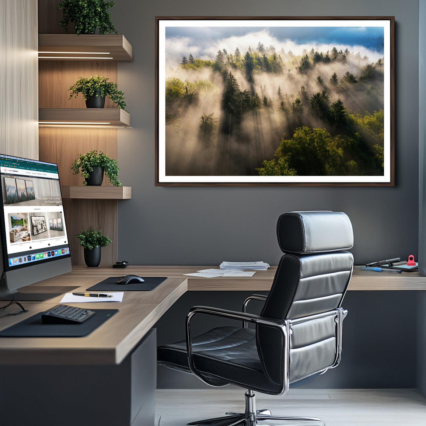 -Tranquil Forest Scene Wall Art Canvas Print – Framed Moody Sunbeam Through Trees Nature Artwork for Home Office