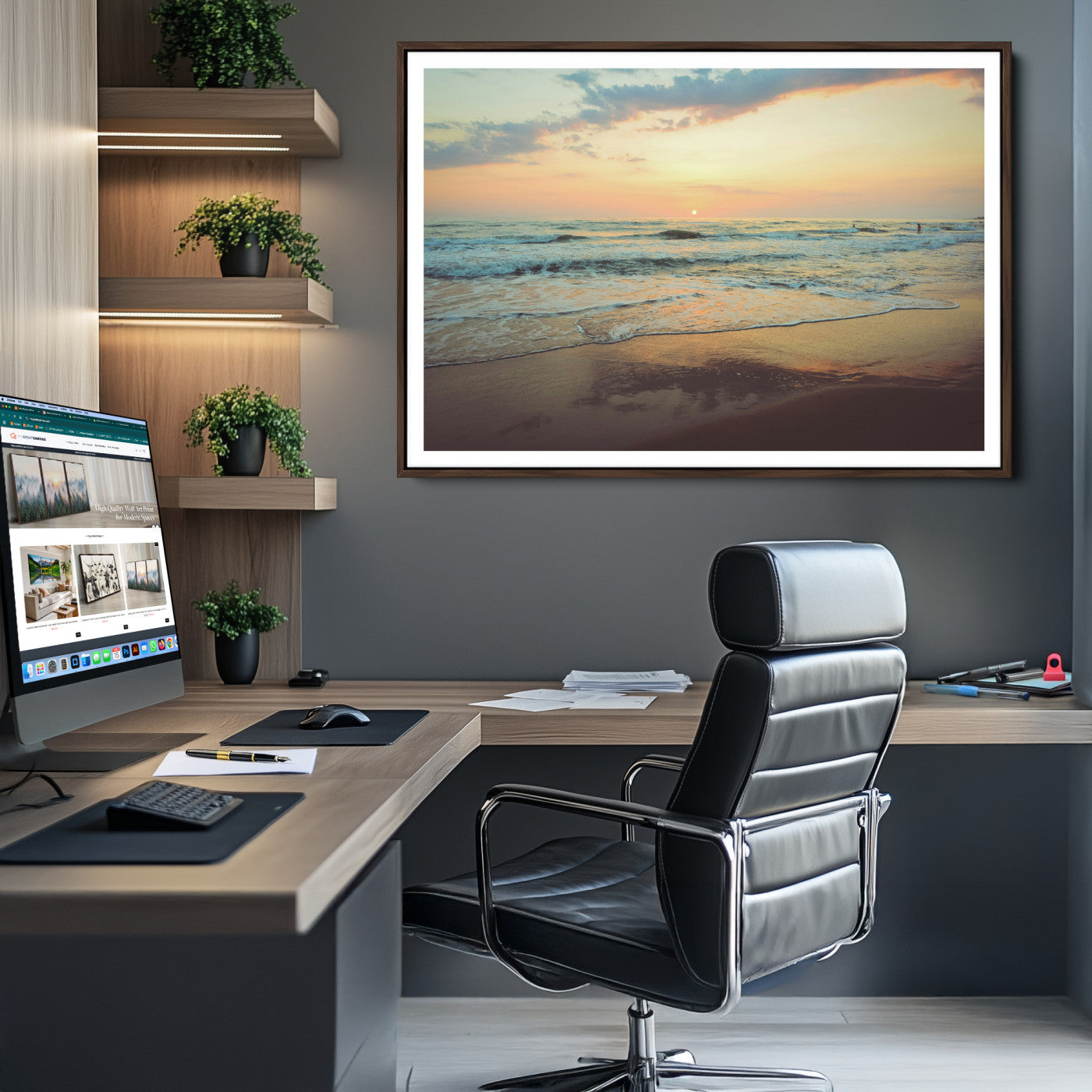 -Sunset Seascape Wall Art Canvas Print – Framed Pastel Ocean View Tranquil Beach Scene Nature Artwork for Home Office