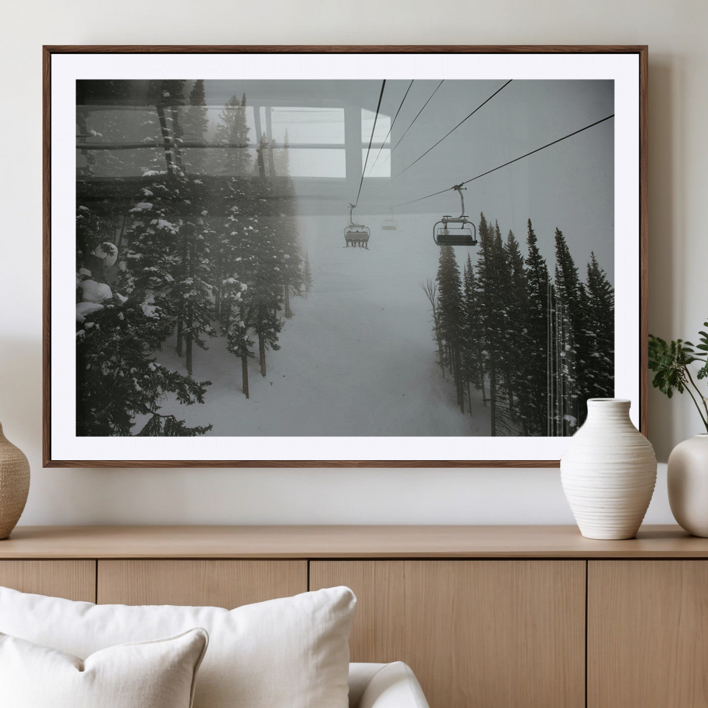 87018452-MGV-CV-36X24-Ski Lift Wall Art Canvas Print – Snowy Pines Misty Landscape Winter Serenity Artwork for Home, Office Decor