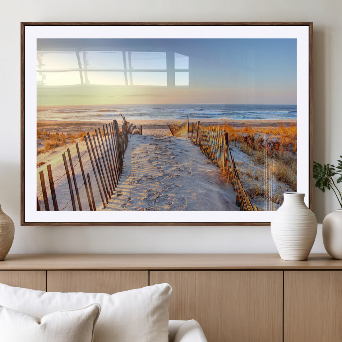 Ocean Sunset Wall Art Canvas Print, Framed Nautical Beach Photography, Summer Beach House Coastal Decor
