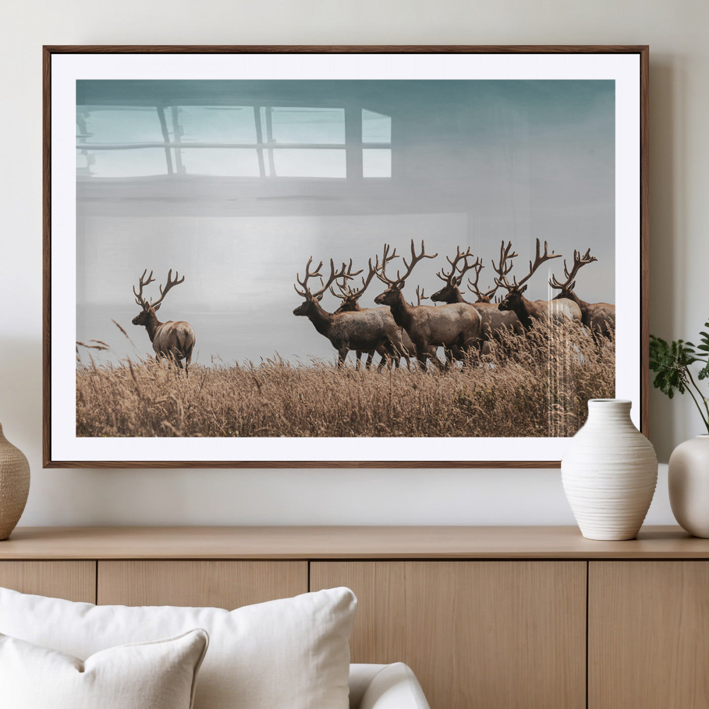 81594705-MGV-CV-36X24-Elk Herd Wall Art Canvas Print – Framed Wildlife Photography Rustic Nature Scene Artwork for Home, Office, Living Room