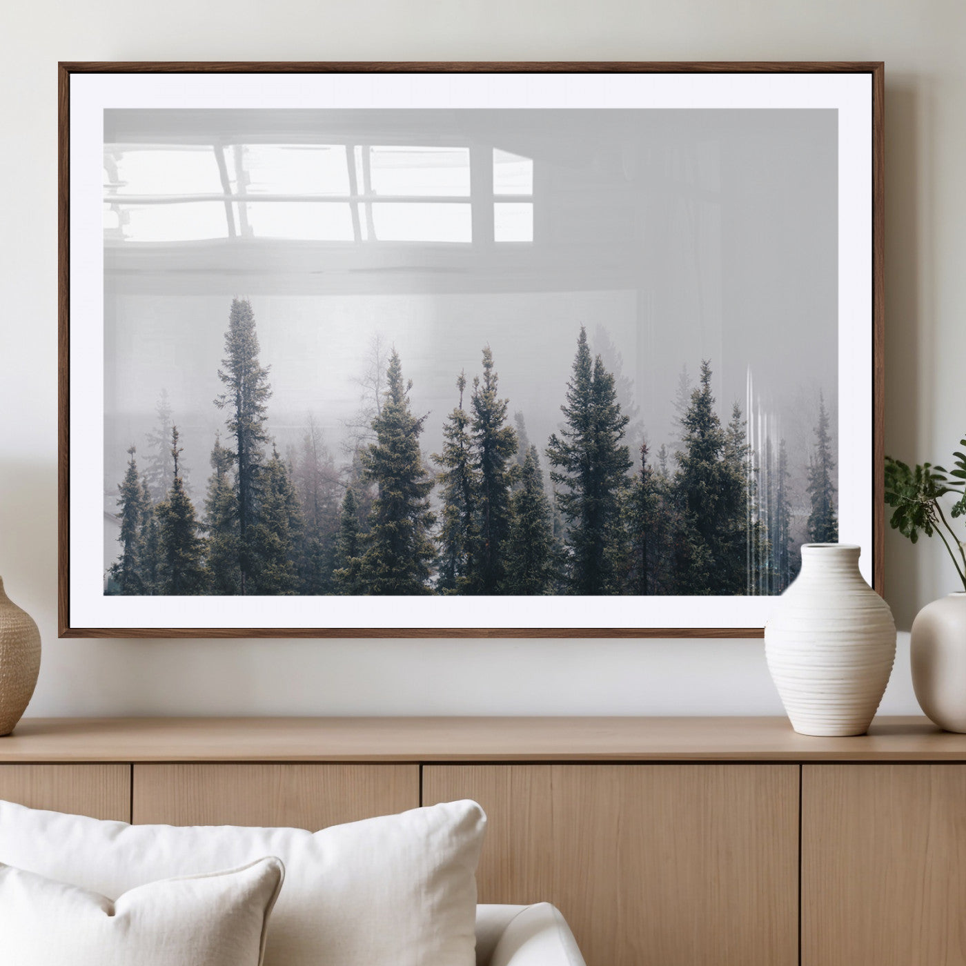 -Foggy Forest Wall Art Canvas Print – Framed Misty Pines Moody Woodland Nature Scene Artwork for Home Office