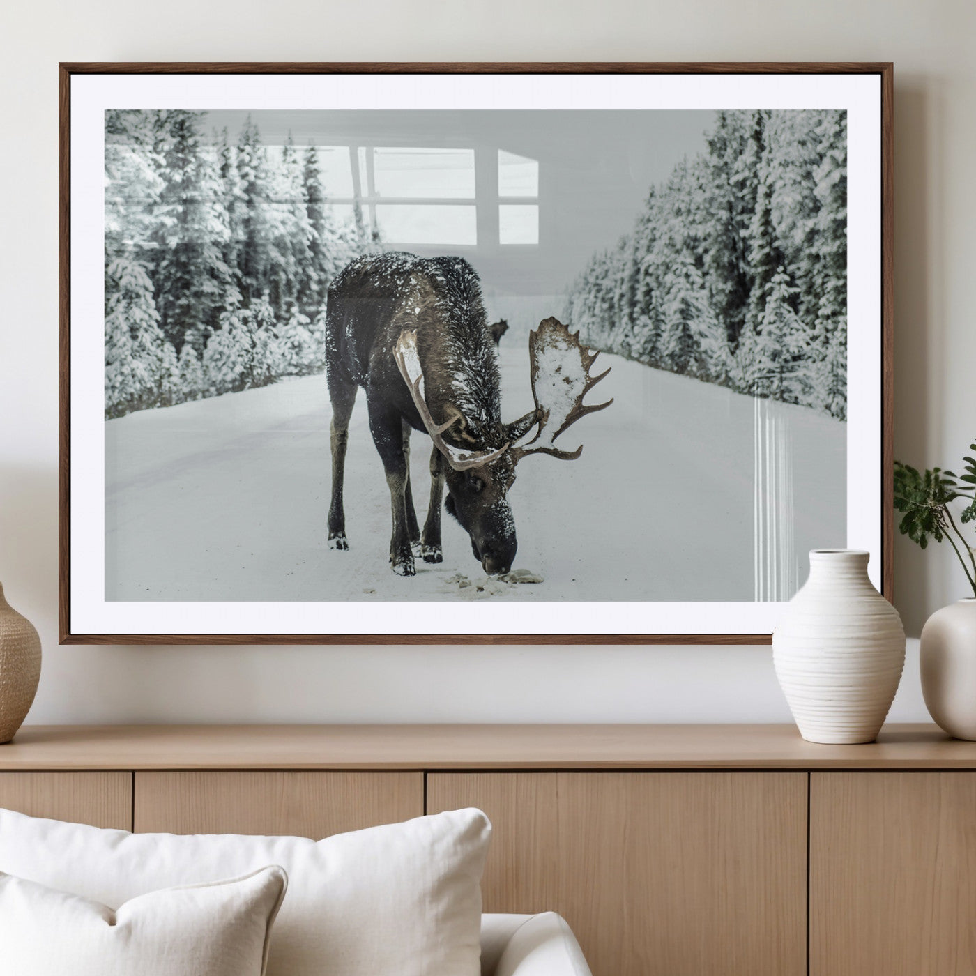 -Moose Snow Wall Art Canvas Print – Framed Winter Wildlife Snowy Forest Nature Scene Artwork for Home, Office, Living Room