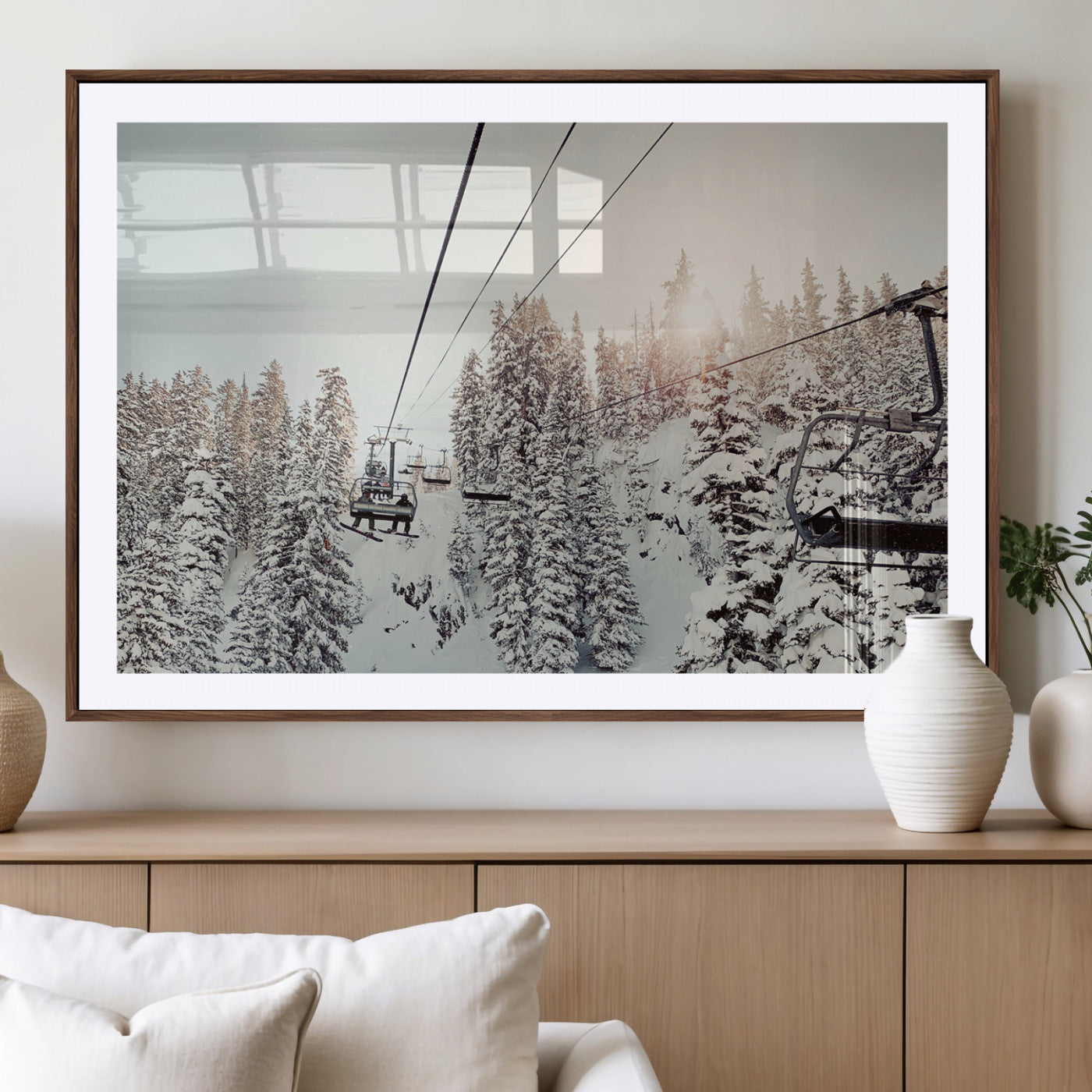 91534512-MGV-CV-36X24-Frosty Pines Wall Art Canvas Print – Framed Cozy Cabin Ski Lift Ride Winter Scene Artwork for Home Office