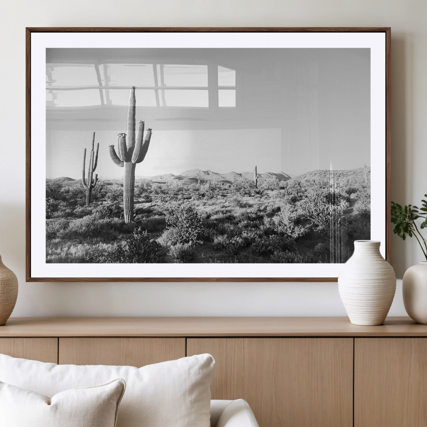 85205054-MGV-CV-36X24-Saguaro Cactus Wall Art Canvas Print – Framed Monochrome Landscape Scenic Arizona Minimalist Western Artwork for Home, Office