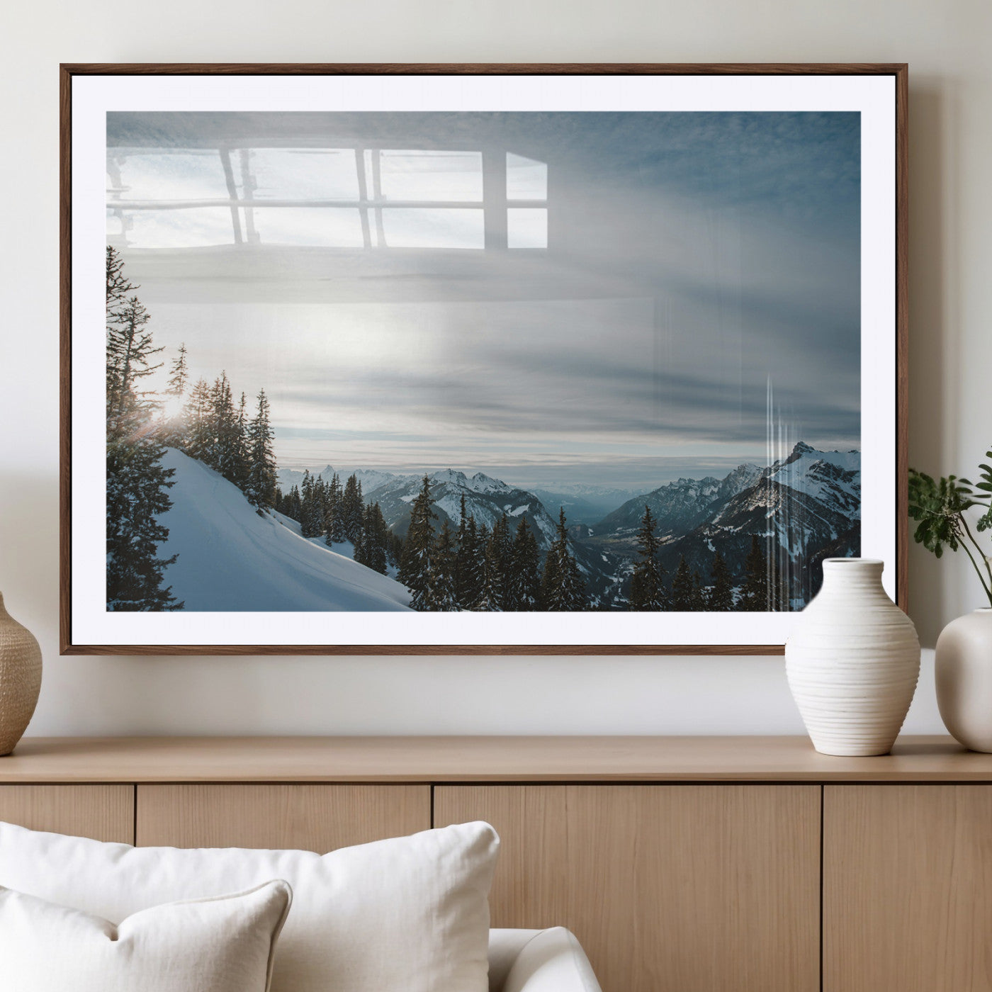 55564749-MGV-CV-36X24-Snowy Mountains Wall Art Canvas Print – Framed Alpine Landscape Frosty Peaks Nordic Minimalist Nature Artwork for Home, Office
