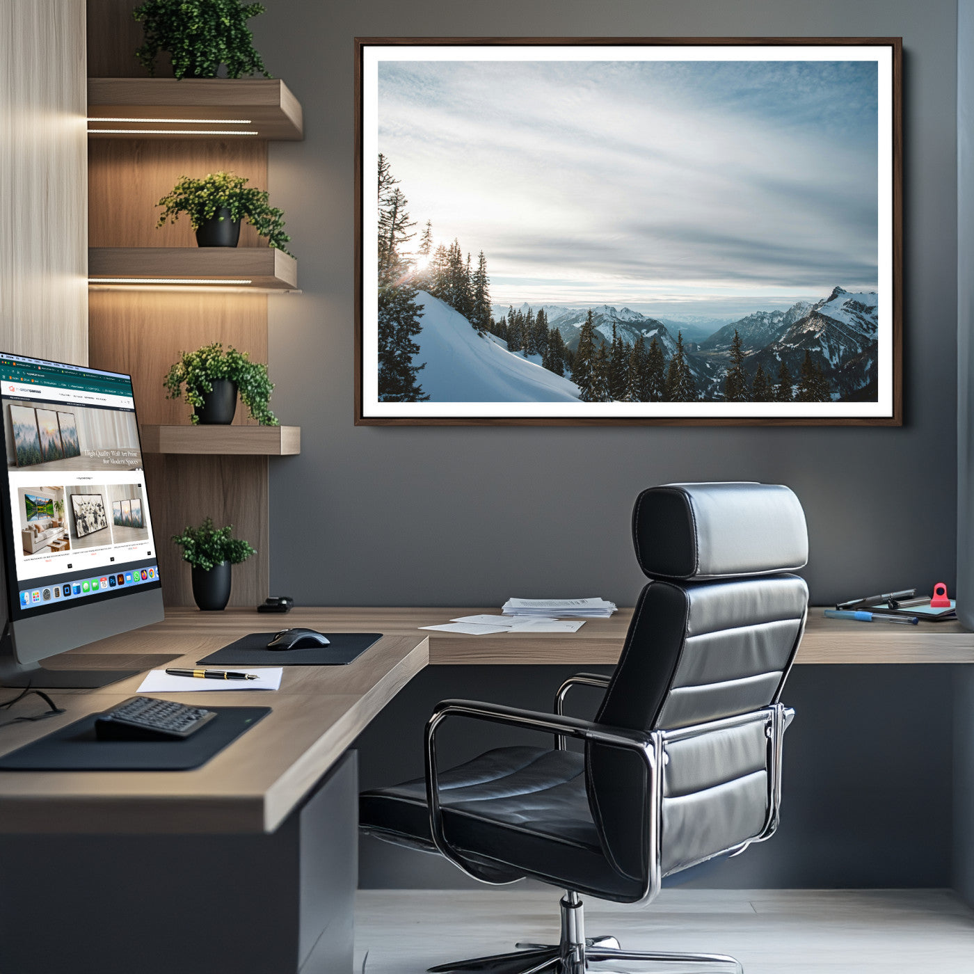 55564749-MGV-CV-36X24-Snowy Mountain Wall Art Canvas Print – Frosty Peaks Alpine Landscape Winter Sky Nature Photography Artwork for Home Office