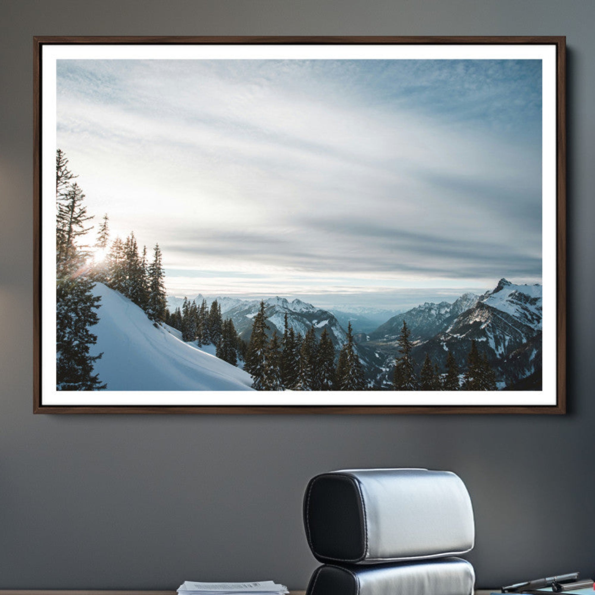 55564749-MGV-CV-36X24-Snowy Mountain Wall Art Canvas Print – Frosty Peaks Alpine Landscape Winter Sky Nature Photography Artwork for Home Office