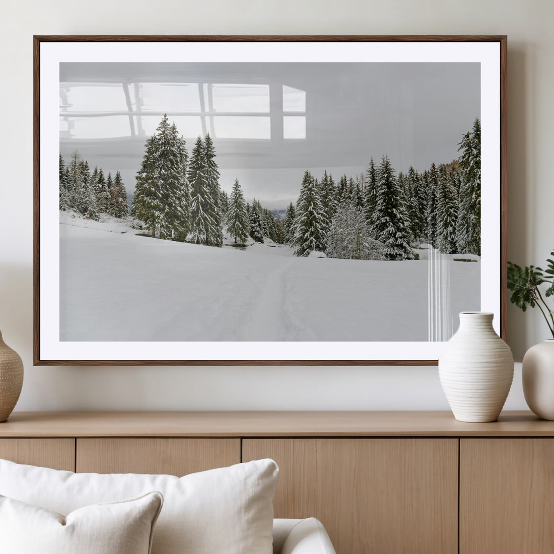 Frosty Pines Wall Art Canvas Print, Framed Silent Snowfall Winter Woodland Artwork
