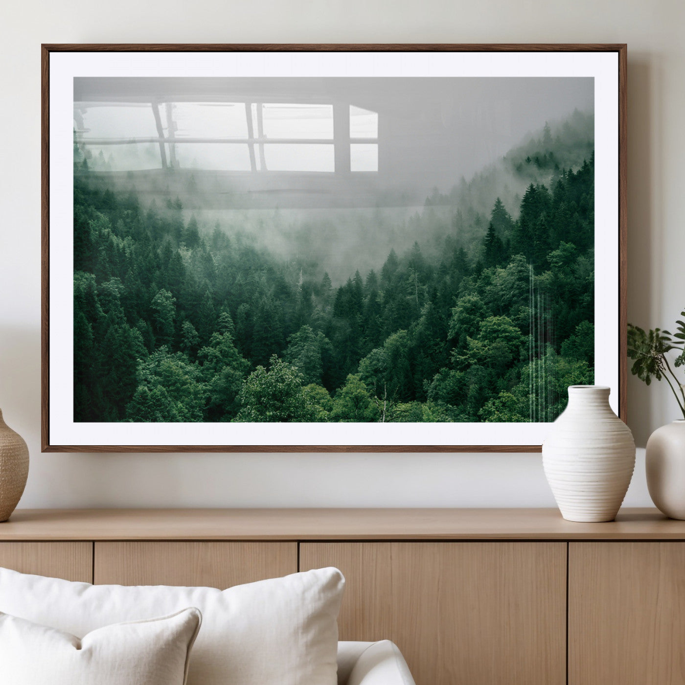 45265379-MGV-CV-36X24-Misty Green Forest Canvas Print – Framed Serene Foggy Pine Landscape Tranquil Nature Wall Art for Home, Office