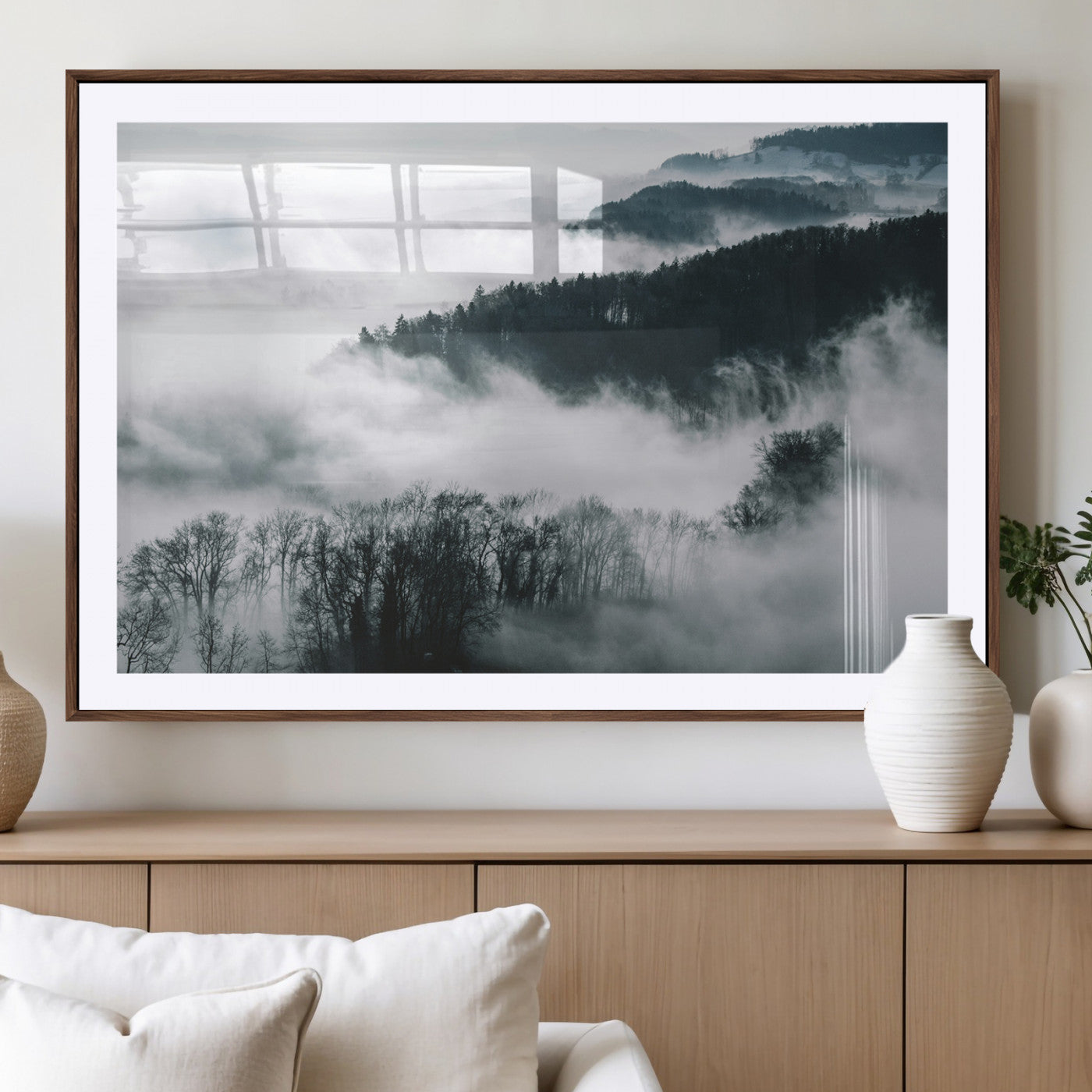 67569654-MGV-CV-36X24-Foggy Forest Landscape Wall Art Canvas Print – Misty Mountain Valley Scene Monochrome Tones Nature Artwork for Home Office