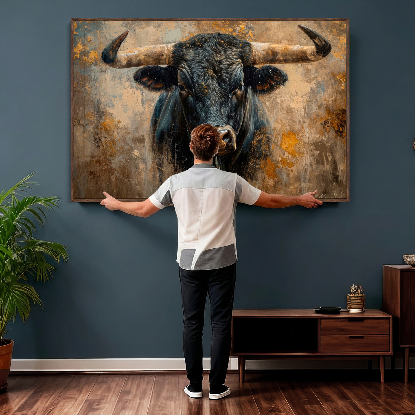 91615410-MGV-CV-36X24 - Abstract Texas Longhorn Bull Wall Art – Rustic Farmhouse Canvas Print, Western Cabin Style Decor, Large Animal Artwork for Living Room or Office