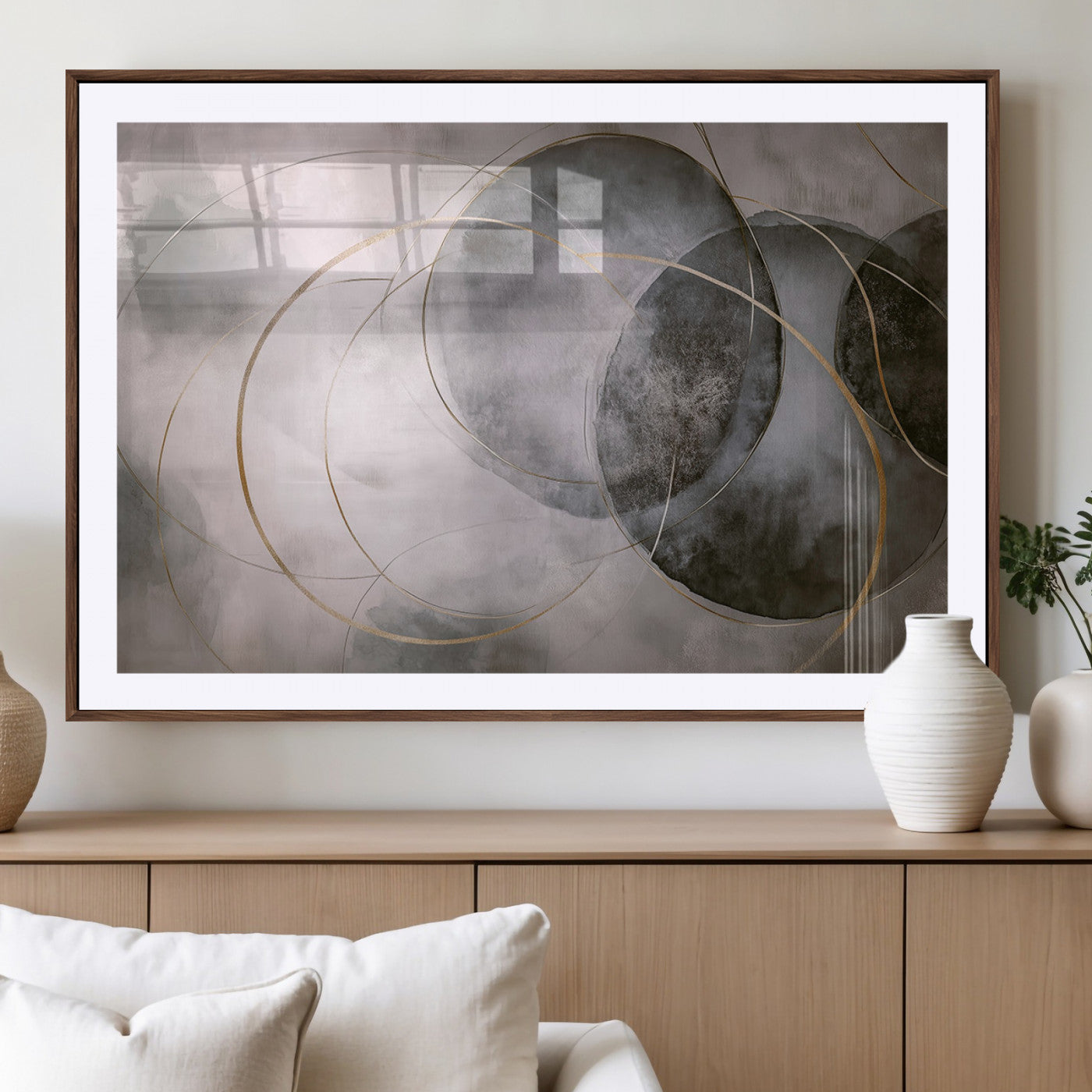 20066876-MGV-CV-36X24-Abstract Grey Gold Circle Wall Art – Modern Geometric Canvas Artwork, Minimal Elegant Design, Luxury Wall Decor for Home, Office