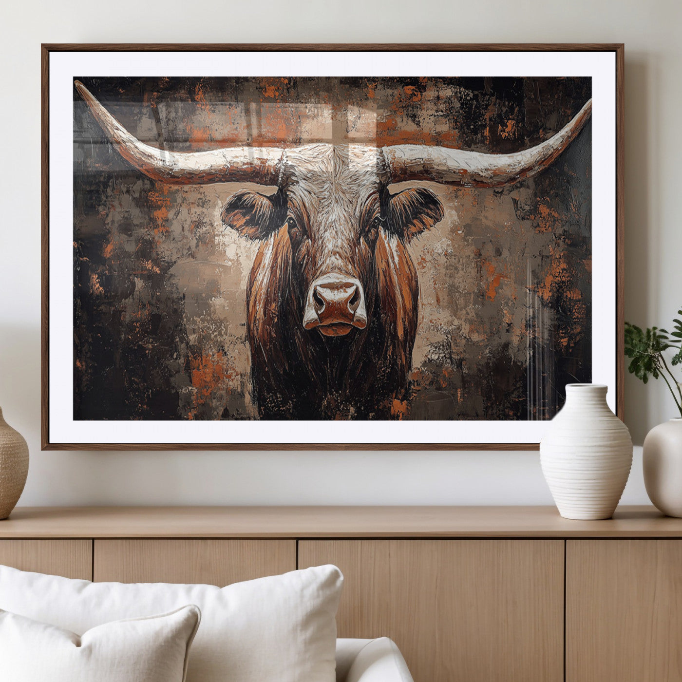 42732393-MGV-CV-36X24-Rustic Longhorn Bull Wall Art Canvas Print – Vintage Western Cattle Scene, Texas Steer Artwork for Home, Office