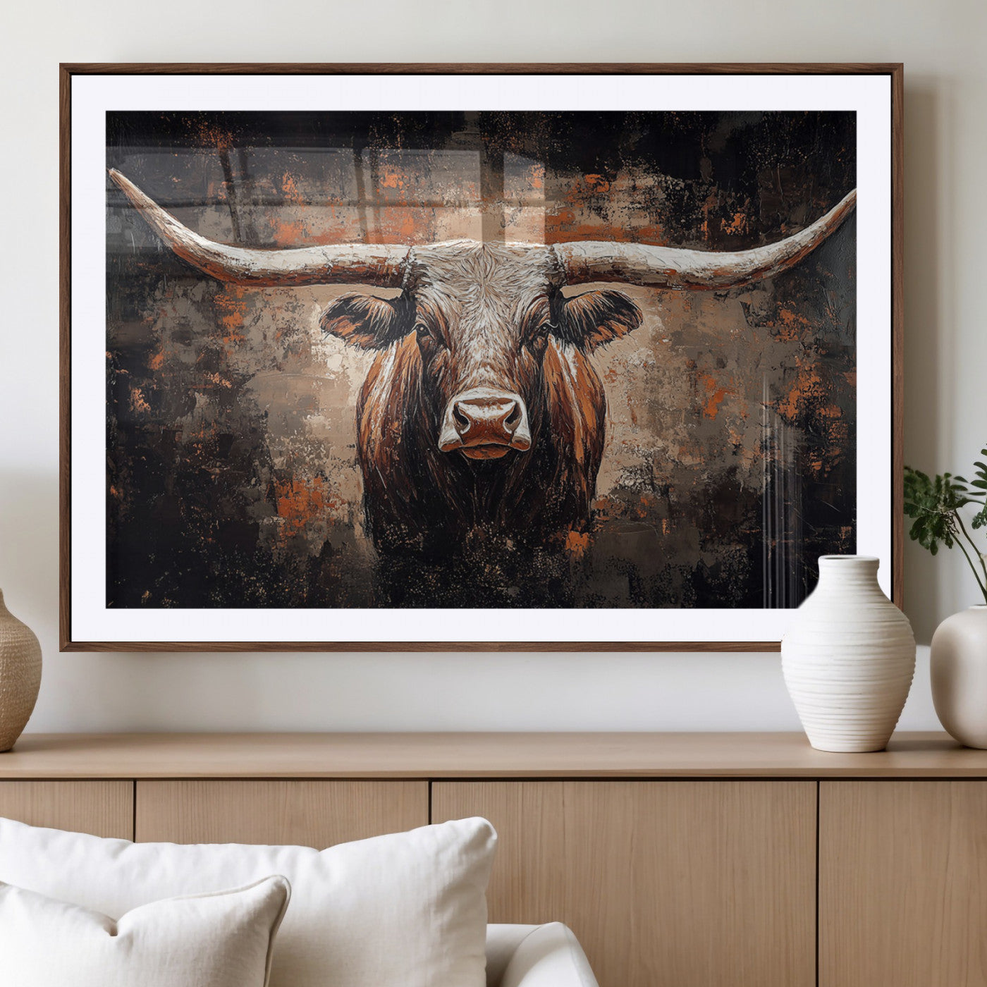 24779067-MGV-CV-36X24-Rustic Longhorn Bull Wall Art Canvas Print – Vintage Western Cattle Scene, Texas Steer Artwork for Home, Office