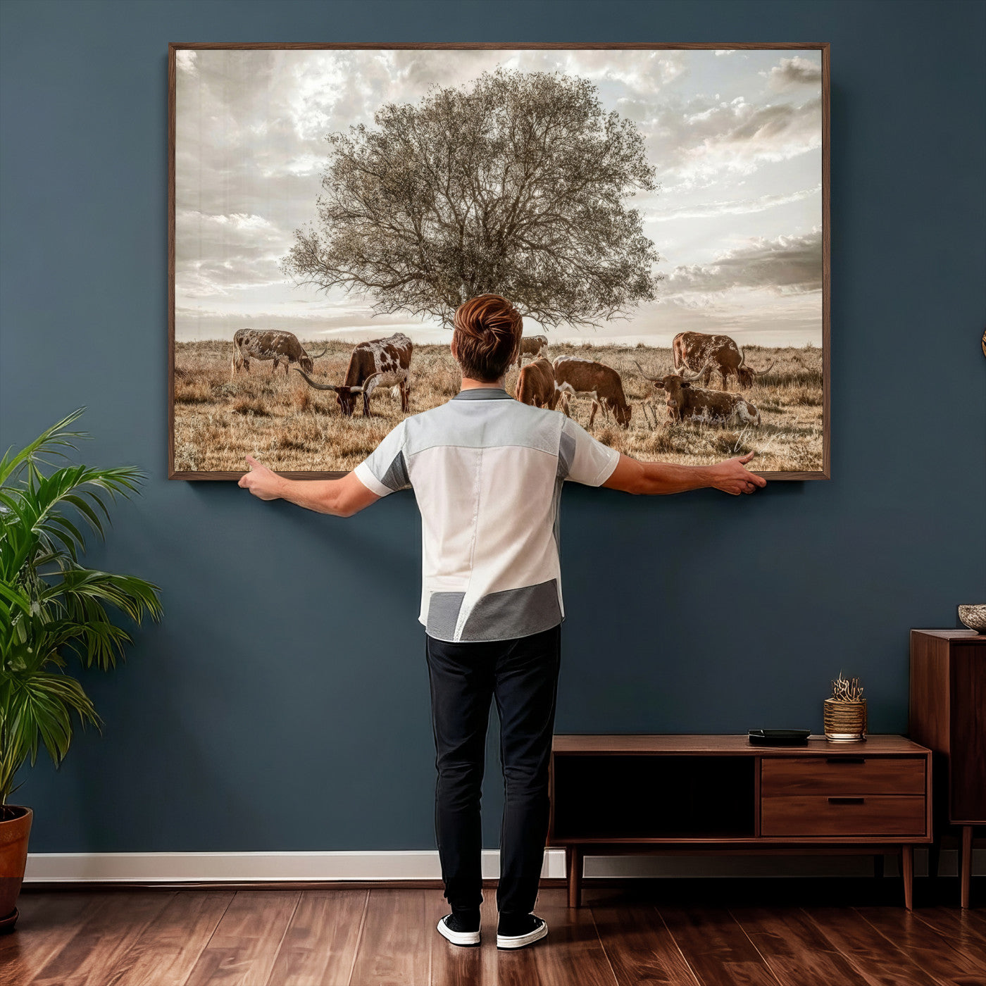 87590224-MGV-CV-36X24 - Texas Longhorn Cattle Wall Art Canvas Print – Rustic Western Ranch Scene with Steers at Sunset, Perfect for Farmhouse or Cowboy Decor