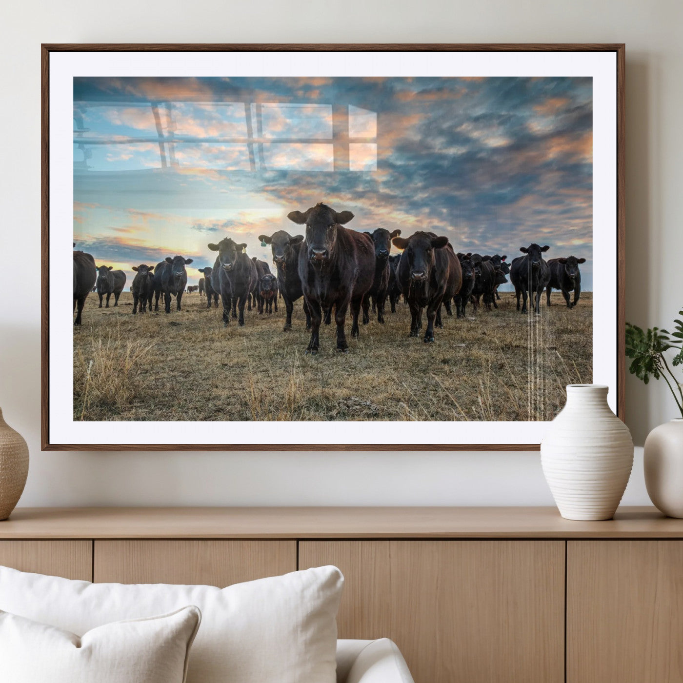 -Texas Longhorn Cattle Wall Art Canvas Print – Rustic Western Ranch Scene with Steers Sunset for Home, Office
