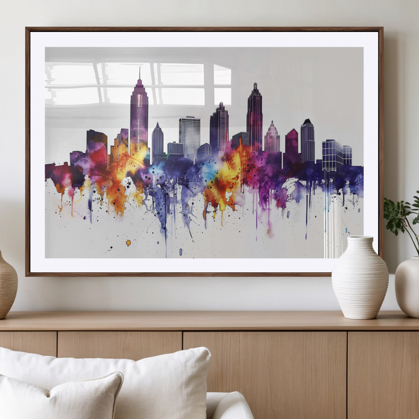 34479880-MGV-CV-36X24-Atlanta Skyline Wall Art Canvas Print – Framed Colorful Watercolor Cityscape Artwork for Home, Office, Living Room