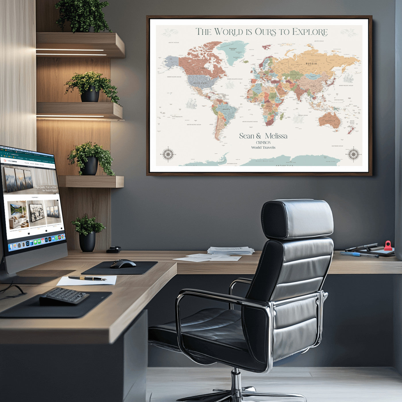 Rehber01-MGV-CV-36X24-Custom Push Pin World Map Wall Art Canvas Print – Personalized Travel Tracker with Pins Framed Large for home, office