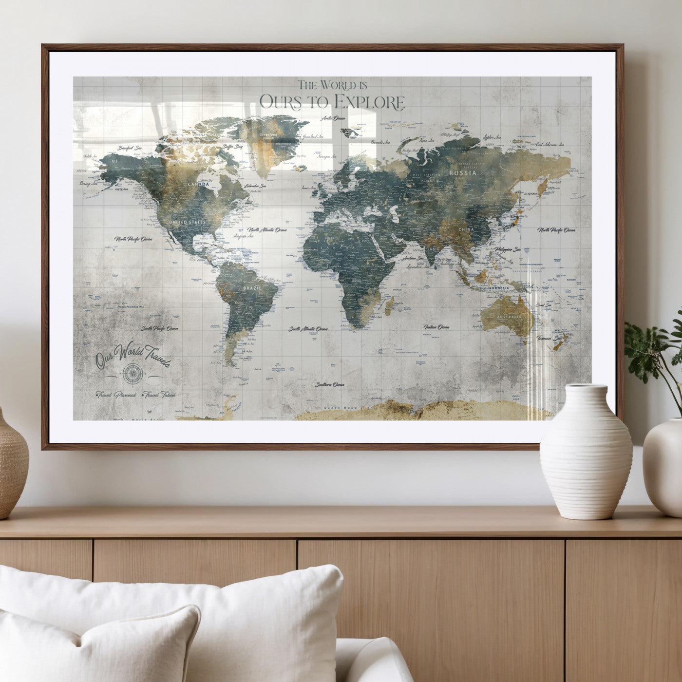 14988581-MGC-FP-36x24 - Custom Push Pin World Map Wall Canvas Print – Personalized Travel Tracker with Pins – Framed Custom Quotie Canvas for Home Office Decor