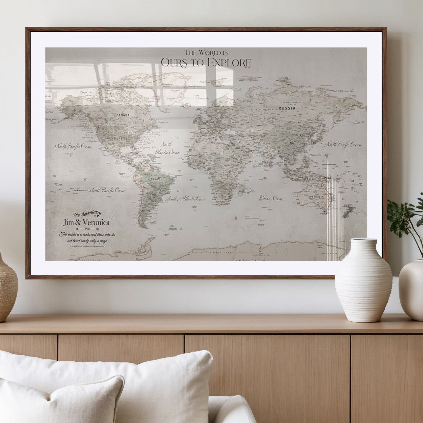 -Personalized Push Pin World Map Wall Art Canvas Print – Custom Framed Travel Tracker Gift for Couples or Family for home, office