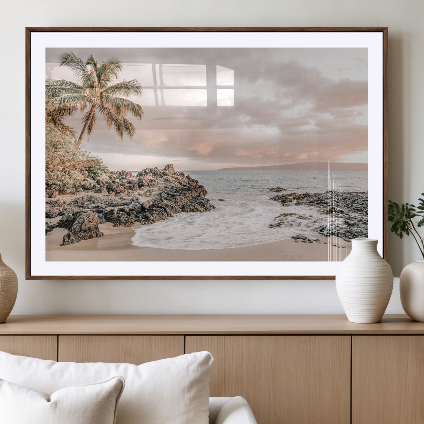 18005328-MGC-FP-40x30-Tropical Beach Wall Art Canvas Print – Palm Trees Rocky Shoreline Ocean Waves Sandy Coast Tranquil Sea Artwork for Home Office
