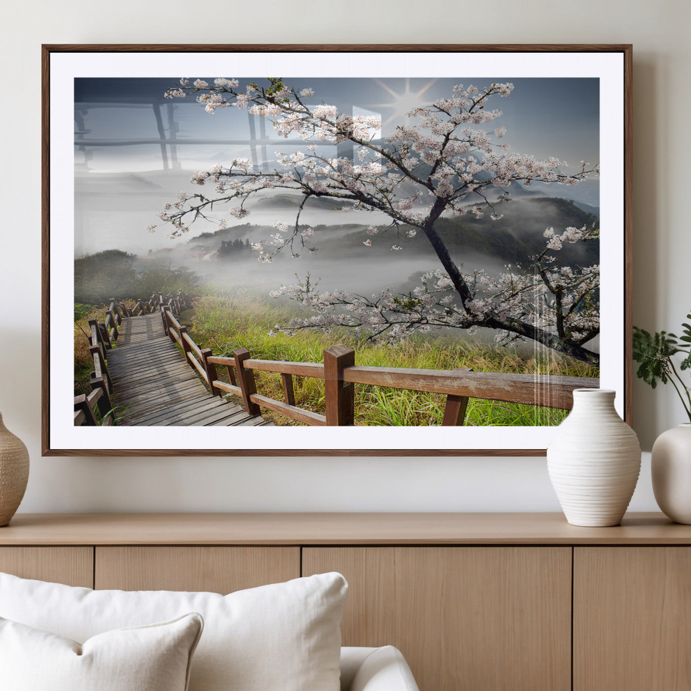 -Sakura Cherry Blossom Pathway Canvas Wall Art – Tranquil Walk Through Blossoming Nature – Ready to