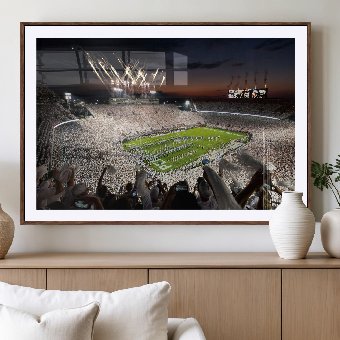 26666-MGC-FP-40x30_Walnut-Penn State Stadium Wall Art – White Out Football Game Canvas Print Framed Sports Stadium Decor for Home, Office