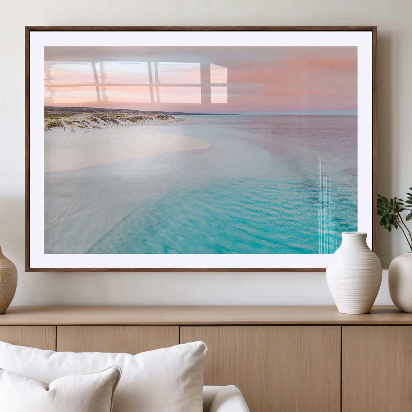 41613614-MGC-FP-40x30_Walnut-Serene Pastel Beach Wall Art Canvas Print, Tranquil Coastal Sunset with Soft Ocean Hues Artwork for Home, Office