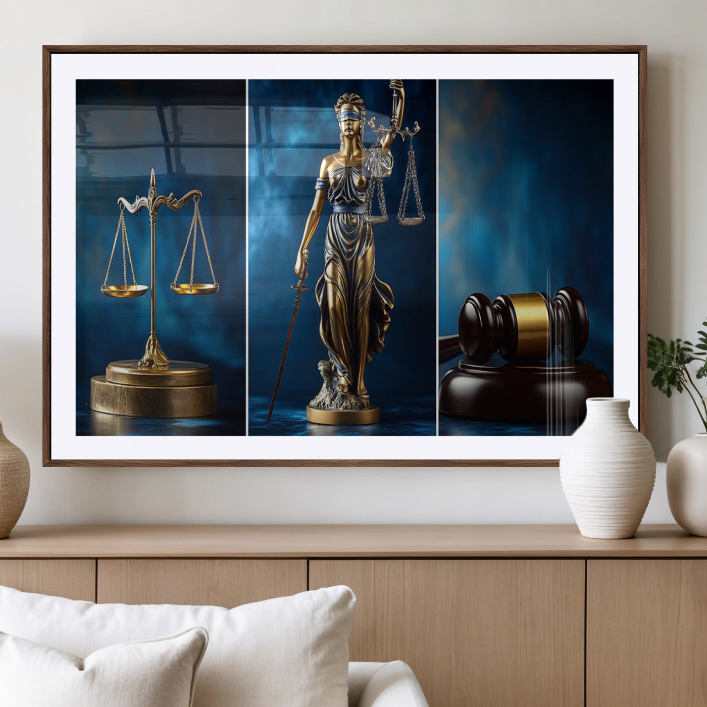 87750525-MGV-CV-36X24-Justice Scales Statue Wall Art, Lady Justice Sculpture Canvas Print, Legal Law Decor, Courtroom