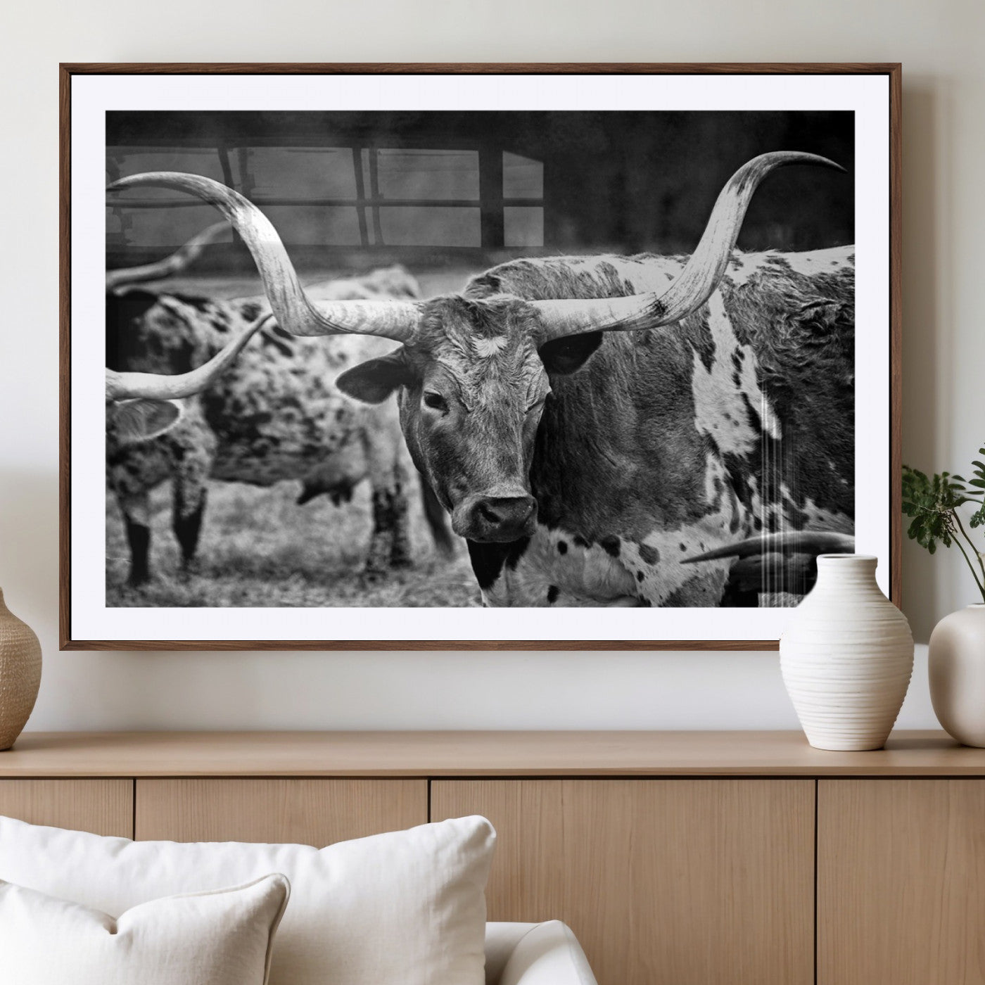 15425553-MGC-FP-40x30_Walnut-Black & White Longhorn Cattle Wall Art Canvas Print, Rustic Farmhouse Western Design Artwork for Home, Office