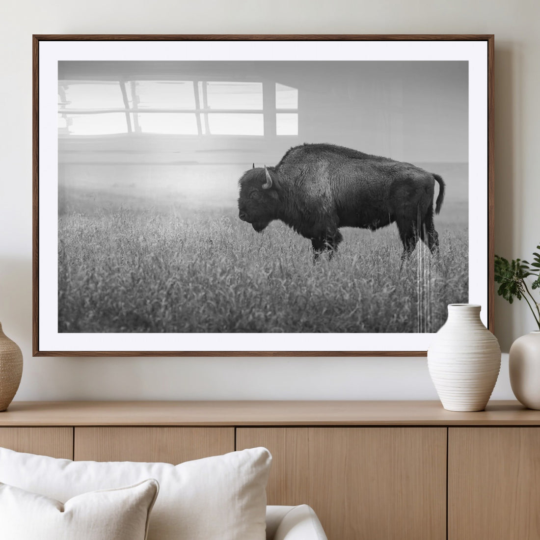 Black and White Bison Canvas Wall Art, Rustic American Buffalo Western Wildlife Print