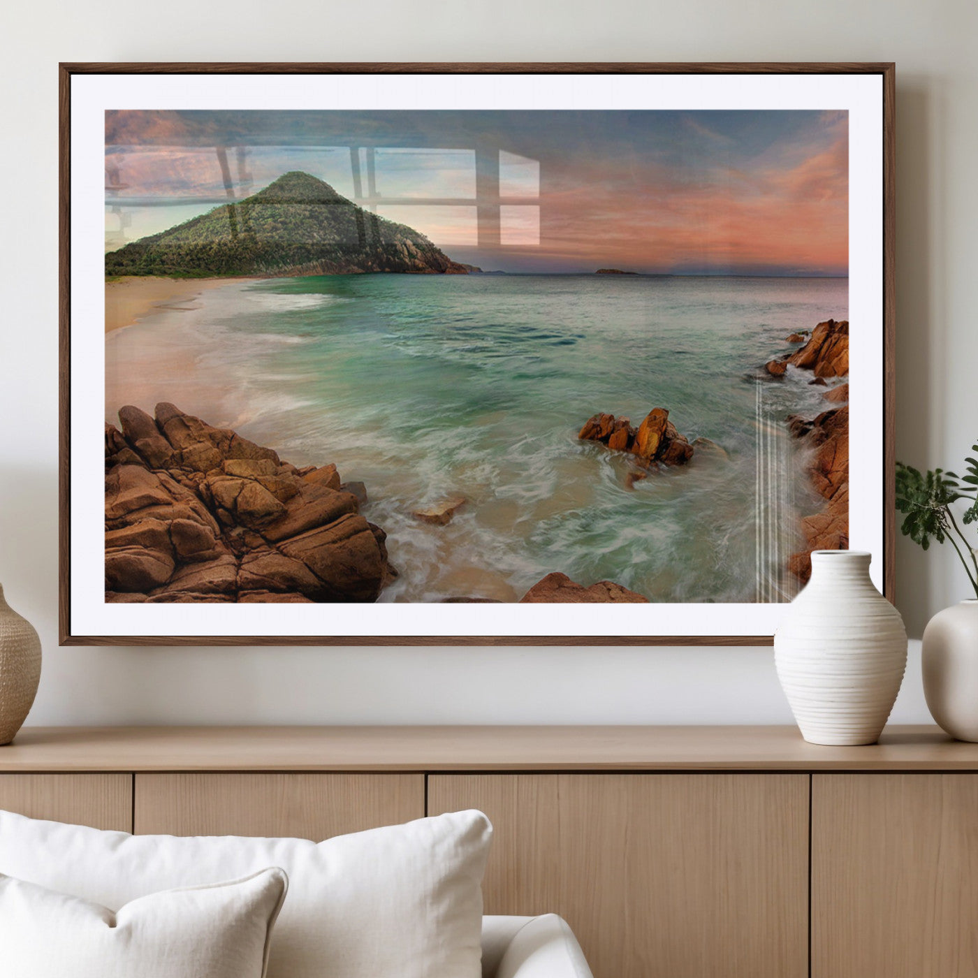 53831025-MGC-FP-40x30_Walnut-Stunning Coastal Landscape with Rocky Shore and Green Hills at Sunset – Beautiful Ocean View Wall Art Canvas Print for Serene Home Decor.