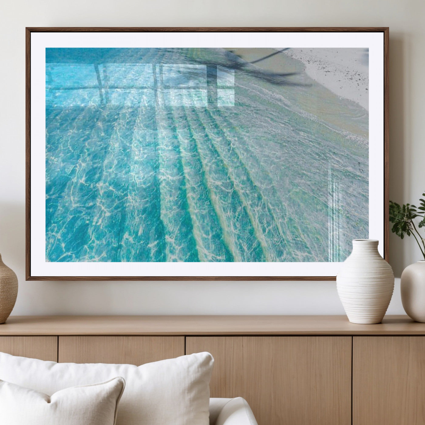 -Crystal Clear Ocean Wall Art Canvas Print – Sunlight Reflections and Palm Tree Shadow on Sandy Beach Artwork for Home, Office
