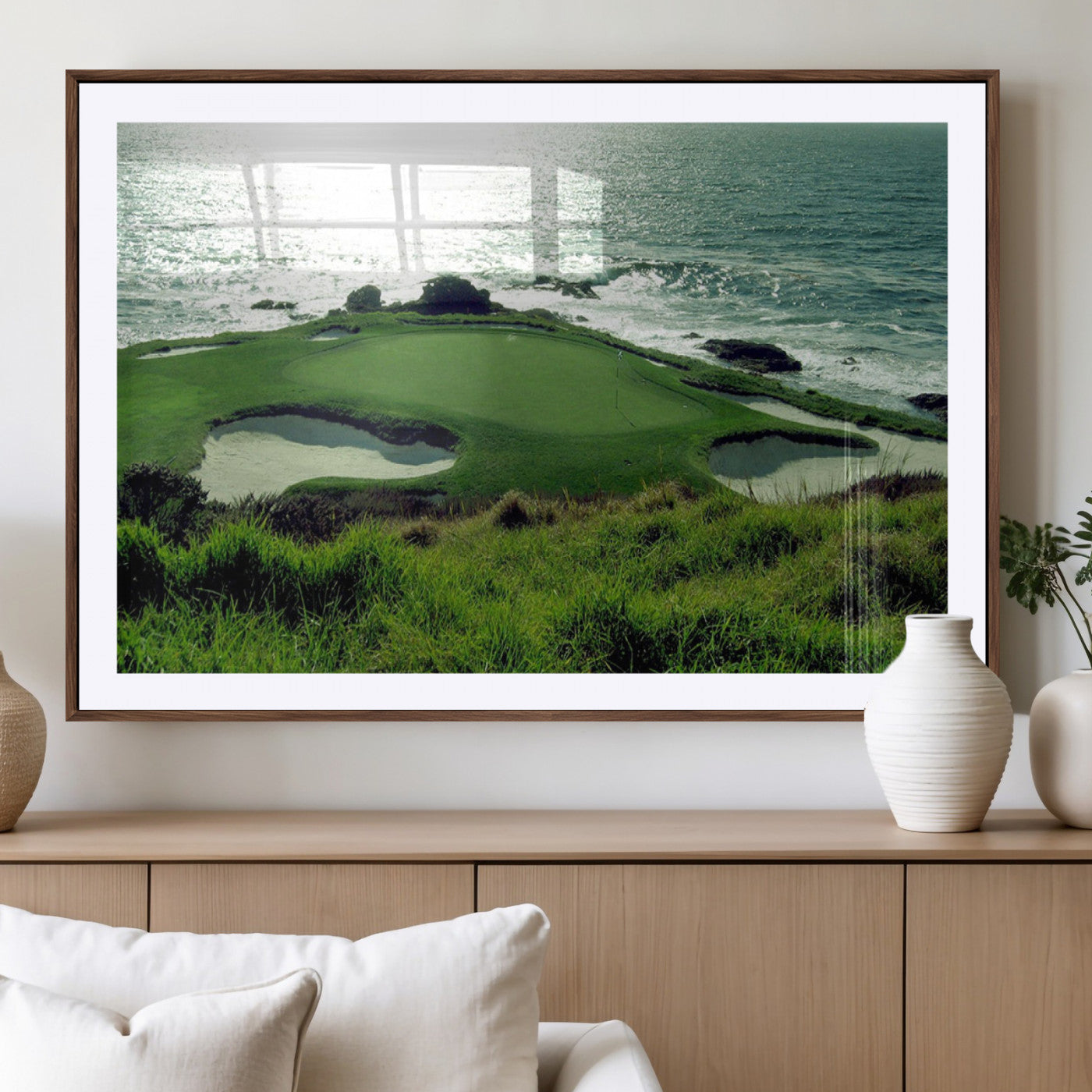 48473947-MGV-CV-36X24-Coastal Golf Course Wall Art Canvas Print – Scenic Green Surrounded by Sand Bunkers and Ocean Waves Artwork for Home, Office