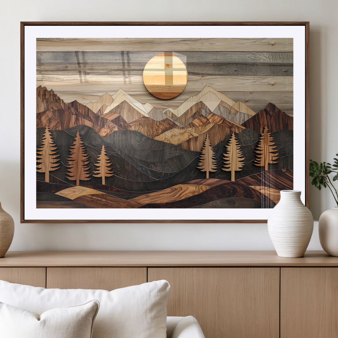 Wooden Mountain Landscape Wall Art Canvas Print, Rustic Forest Pines and Sun