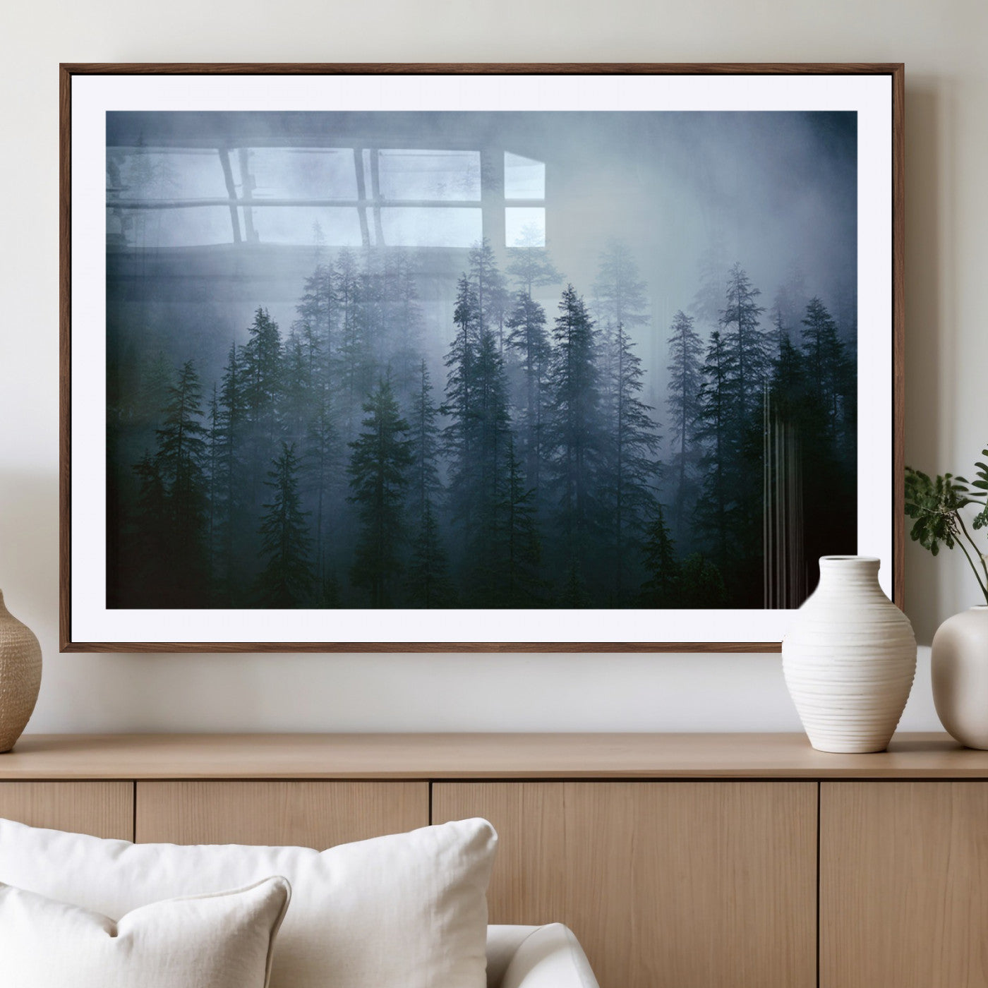 93439624-MGC-FP-40x30_Walnut-Foggy Evergreen Pines Mist Forest Blue Haze Moody Atmospheric Wilderness Nature Trees Scenic