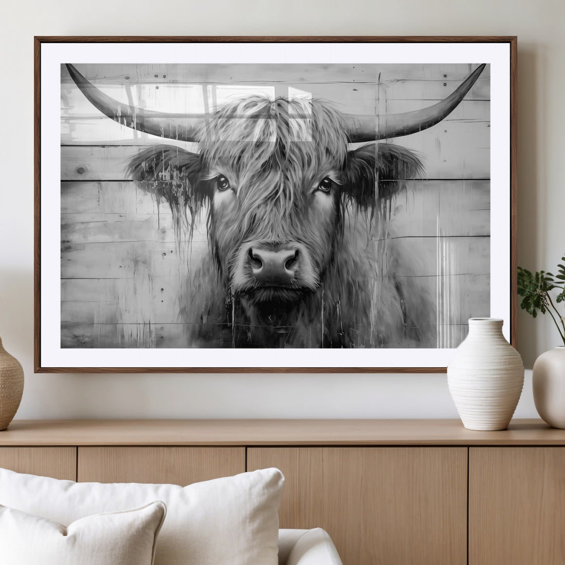 Black White Highland Cow Wall Art Canvas Print