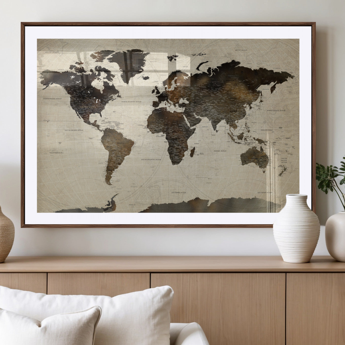81771296-MGC-FP-36x24 - World Map Wall Art Canvas Print, Modern Decorative Framed Map Artwork Prints for Living Room, Office, Bedroom Wall Decor