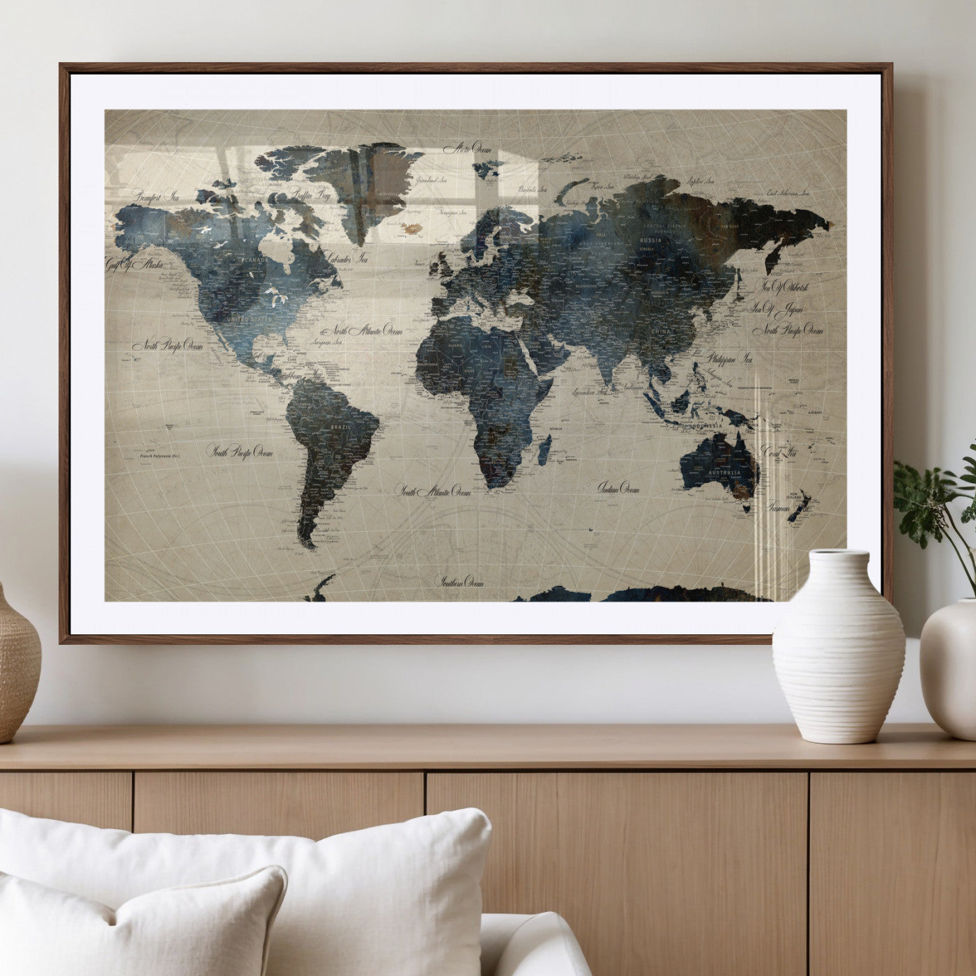 33438443-MGC-FP-36x24 - World Map Wall Art Canvas Print, Modern Decorative Framed Map Artwork Prints for Living Room, Office, Bedroom Wall Decor