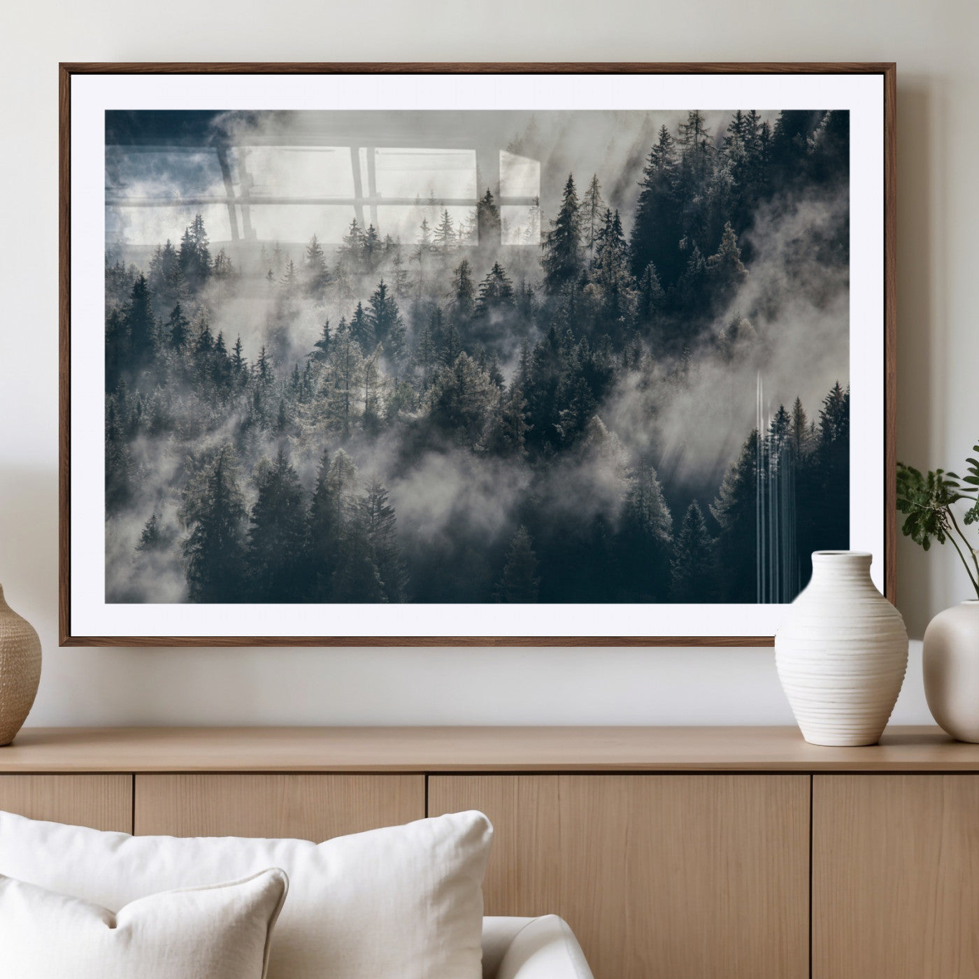 270372951-MGC-FP-36x24 - Misty Pine Forest Canvas Wall Art – Dark Forest Mountaing and Nature Landscape Print, Horizontal Canvas Print