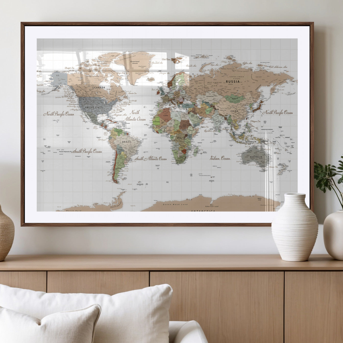 91286788-MGV-CV-36X24 - World Map Wall Art Canvas Print, Modern Decorative Framed Map Artwork Prints for Living Room, Office, Bedroom Wall Decor