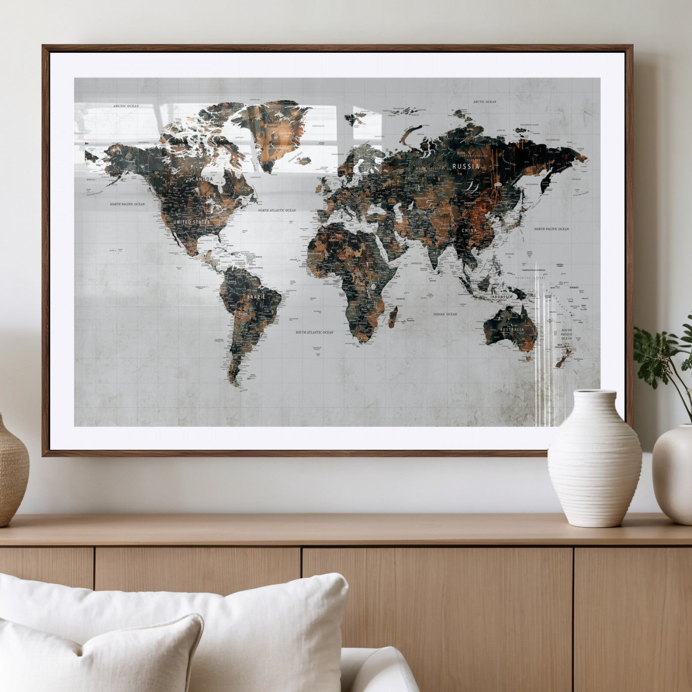 60008766-MGV-CV-36X24 - World Map Wall Art Canvas Print, Modern Decorative Framed Map Artwork Prints for Living Room, Office, Bedroom Wall Decor